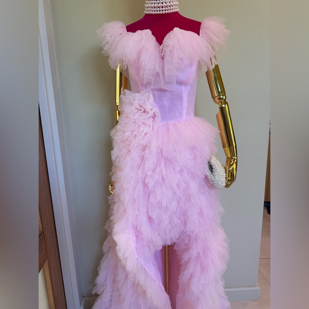 Pink Ruffled Off the Shoulder Prom
Dress with High Slit!  💗 - Picture 3 of 16